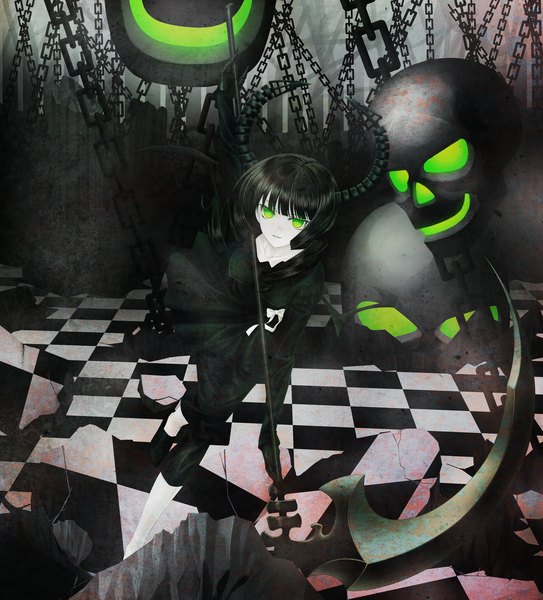 Anime picture 2500x2761 with black rock shooter dead master hinata nao tall image highres black hair green eyes horn (horns) glowing checkered floor destruction girl chain skull