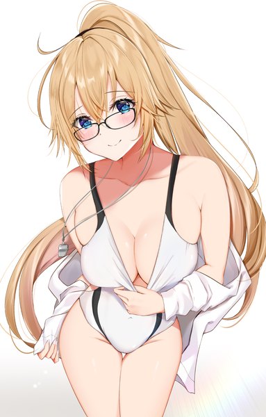 Anime picture 3000x4700 with fate (series) fate/grand order jeanne d'arc (fate) (all) jeanne d'arc (swimsuit archer) uiri-na single long hair tall image looking at viewer blush fringe highres breasts blue eyes light erotic simple background blonde hair smile hair between eyes large breasts