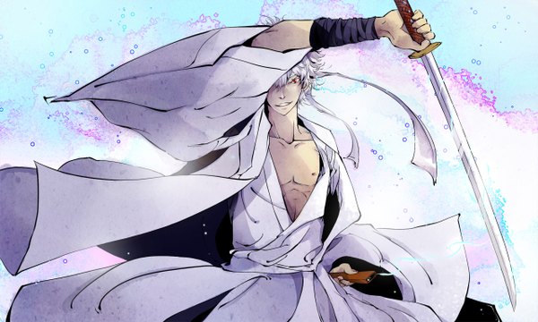 Anime picture 1280x768 with gintama sunrise (studio) sakata gintoki shouyama senoka single short hair red eyes wide image white hair japanese clothes cherry blossoms boy weapon sword katana hachimaki