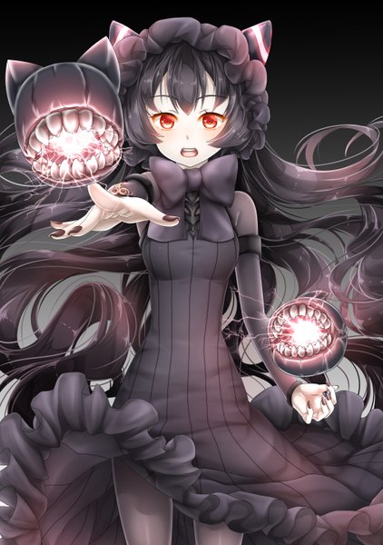 Anime picture 1040x1480 with kantai collection isolated island hime baretto single long hair tall image looking at viewer open mouth black hair red eyes dark background wavy hair shinkaisei-kan girl dress headdress