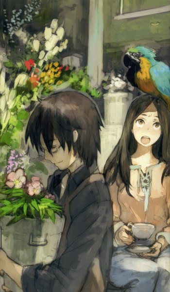 Anime picture 1500x2566 with lenten rose humi (artist) long hair tall image blush short hair open mouth black hair brown eyes eyes closed light smile girl boy flower (flowers) glasses cup parrot