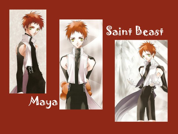 Anime picture 1600x1200 with saint beast maya (saint beast) short hair simple background brown hair green eyes multiview red background column lineup boy toy stuffed animal teddy bear
