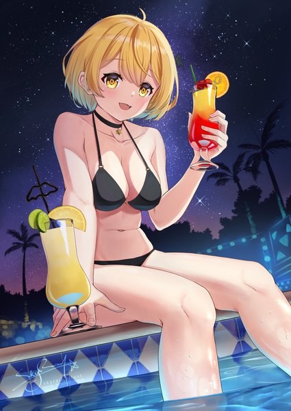 Anime picture 1063x1500 with virtual youtuber hololive yozora mel skyrail (skynetrailgun) single tall image short hair breasts open mouth light erotic blonde hair large breasts sitting holding signed yellow eyes outdoors :d night night sky