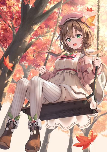 Anime picture 2894x4093 with virtual youtuber hololive hololive indonesia ayunda risu fuyoyo single long hair tall image fringe highres open mouth hair between eyes brown hair sitting green eyes animal ears full body outdoors tail :d
