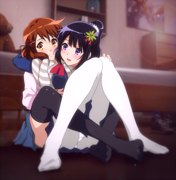 Anime picture 1100x1125 with hibike! euphonium kyoto animation kousaka reina oumae kumiko sbel02 long hair tall image blush short hair open mouth light erotic black hair brown hair purple eyes multiple girls brown eyes full body ponytail pantyshot hug