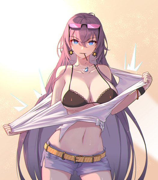 Anime picture 1200x1371 with ark order 5555 96 single long hair tall image looking at viewer fringe breasts blue eyes light erotic simple background hair between eyes large breasts standing bare shoulders holding cleavage purple hair bare belly sweat