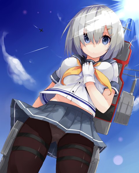 Anime picture 1600x2000 with kantai collection hamakaze destroyer kou mashiro single tall image looking at viewer short hair blue eyes light erotic sky silver hair pleated skirt sunlight pantyshot hand on chest girl skirt gloves underwear panties