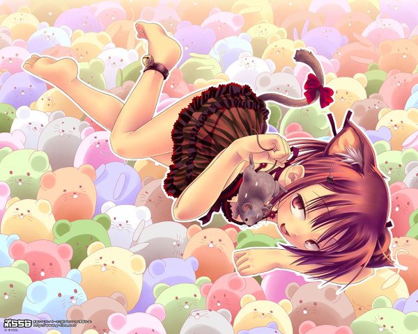 Anime picture 1280x1024 with original kiririn single blush short hair open mouth red eyes brown hair animal ears looking away tail lying animal tail barefoot cat ears cat girl cat tail girl hair ornament animal