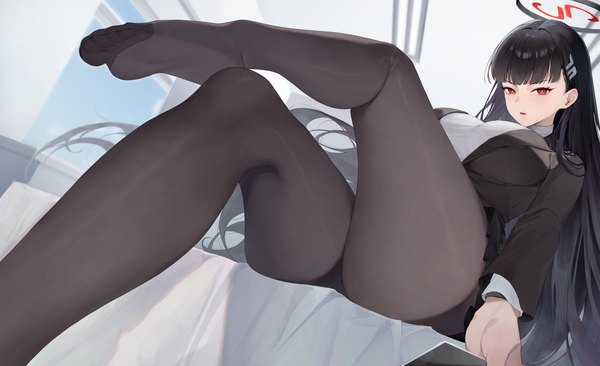 Anime picture 3456x2110 with blue archive rio (blue archive) kanon (sinto) single long hair looking at viewer fringe highres breasts open mouth light erotic black hair red eyes wide image sitting absurdres bent knee (knees) indoors blunt bangs long sleeves