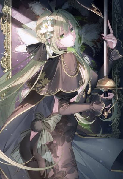 Anime picture 2405x3485 with original toosaka asagi single long hair tall image looking at viewer fringe highres breasts open mouth light erotic hair between eyes holding green eyes animal ears ass tail long sleeves animal tail hair flower
