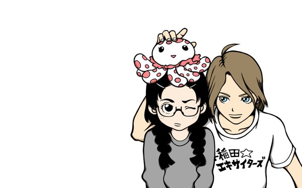 Anime picture 1920x1200 with kuragehime brains base (studio) kurashita tsukimi koibuchi kuranosuke kurara (clara) highres black hair simple background brown hair wide image white background braid (braids) one eye closed wink girl boy animal glasses t-shirt