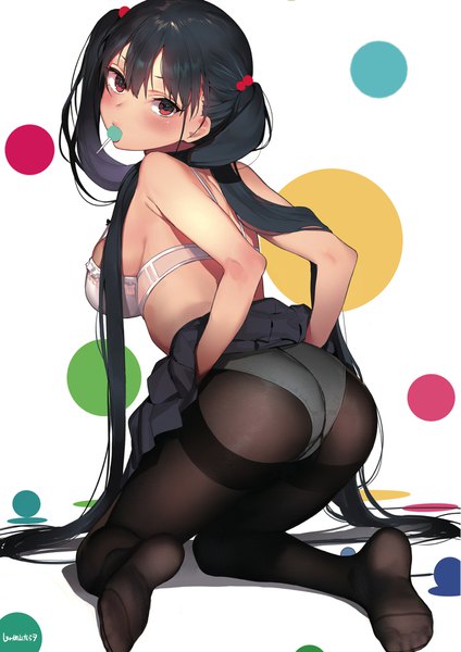 Anime picture 1357x1920 with original jagayamatarawo single tall image looking at viewer blush fringe breasts light erotic black hair simple background hair between eyes red eyes large breasts white background twintails signed ass very long hair looking back