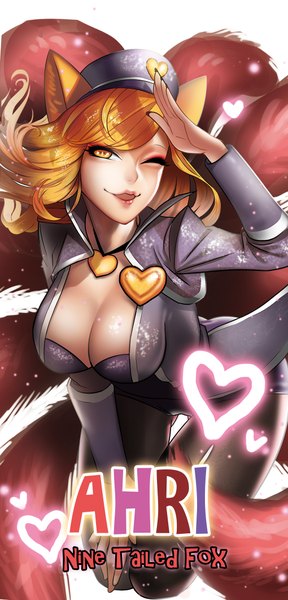 Anime picture 1020x2122 with league of legends ahri (league of legends) popstar ahri (league of legends) dockab (artist) single long hair tall image breasts light erotic blonde hair large breasts animal ears yellow eyes looking away tail animal tail one eye closed wink inscription fox ears