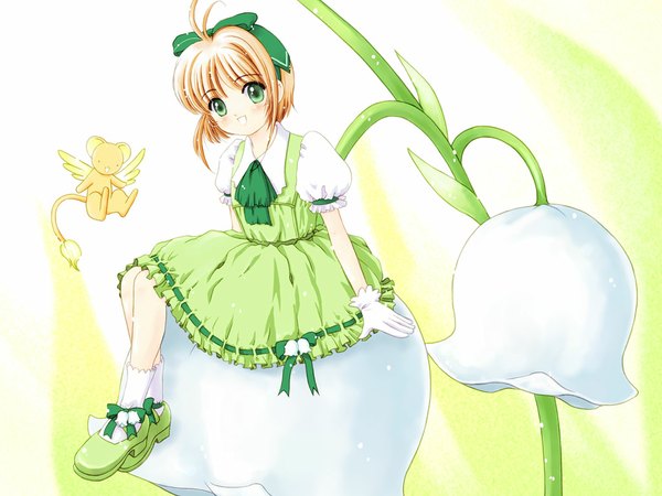 Anime picture 1024x768 with card captor sakura clamp kinomoto sakura kero (cardcaptor sakura) brown hair green eyes ahoge minigirl girl gloves flower (flowers) ribbon (ribbons) hair ribbon