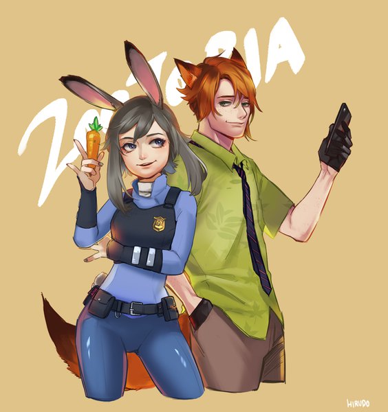Anime picture 1033x1100 with zootopia disney judy hopps nick wilde hiruchan tall image fringe short hair simple background smile hair between eyes standing purple eyes holding green eyes signed animal ears looking away tail nail polish