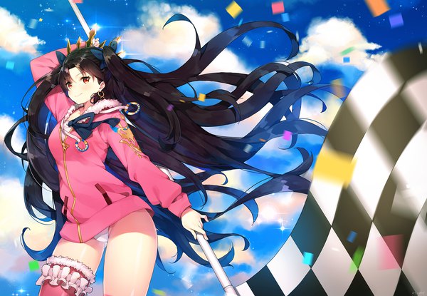 Anime picture 1900x1317 with fate (series) fate/grand order toosaka rin ishtar (fate) ishtar (swimsuit rider) (fate) ayami (annahibi) single looking at viewer blush fringe highres light erotic black hair smile red eyes holding sky cloud (clouds) outdoors long sleeves