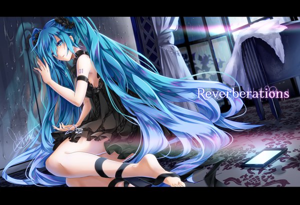 Anime picture 1200x820 with vocaloid hatsune miku tyouya single fringe hair between eyes sitting twintails bare shoulders signed indoors very long hair barefoot aqua eyes aqua hair tears reflection letterboxed girl dress