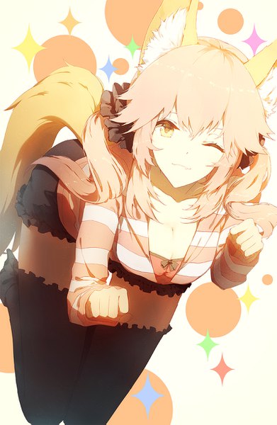 Anime picture 800x1227 with fate (series) fate/grand order tamamo (fate) (all) tamamo no mae (fate) aeror single long hair tall image looking at viewer breasts light erotic large breasts twintails animal ears yellow eyes pink hair cleavage tail animal tail one eye closed