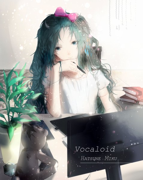 Anime picture 1282x1612 with vocaloid hatsune miku sa'yuki single long hair tall image looking at viewer fringe sitting holding green eyes indoors head tilt green hair arm support short sleeves alternate costume copyright name character names alternate hairstyle