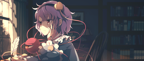 Anime picture 1600x681 with touhou komeiji satori dise single fringe short hair wide image sitting purple eyes looking away purple hair indoors arm support shaded face girl frills heart headband feather (feathers) shelf