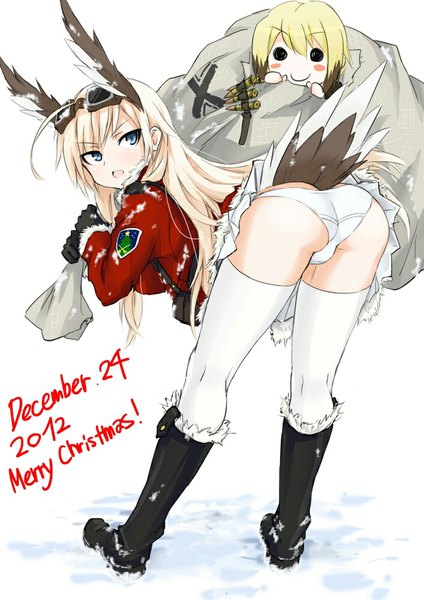 Anime picture 707x1000 with strike witches erica hartmann hanna-justina marseille tebukuro dakku (ogitsune) tall image blush open mouth light erotic blonde hair multiple girls animal ears ass tail animal tail snowing winter snow bent over 2012