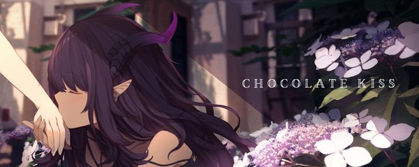 Anime picture 4096x1638 with original sagiri (ulpha220) long hair blush fringe highres wide image bare shoulders multiple girls purple hair outdoors eyes closed profile horn (horns) pointy ears sunlight shadow depth of field text dark skin