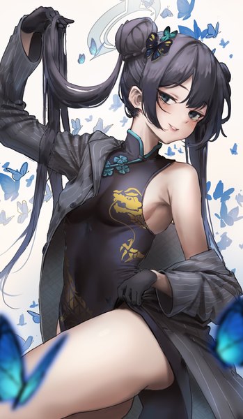 Anime picture 2108x3624 with blue archive kisaki (blue archive) ggz (gguzal 95) single long hair tall image looking at viewer blush fringe highres breasts light erotic black hair simple background smile hair between eyes twintails bare shoulders traditional clothes head tilt