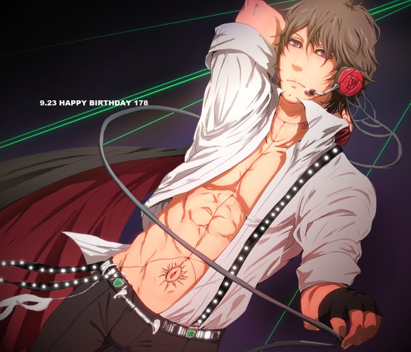 Anime picture 1363x1171 with inaba koushi sukichi single short hair brown hair purple eyes open clothes tattoo open shirt arms behind head happy birthday boy gloves shirt belt white shirt headphones fingerless gloves pants wire (wires)