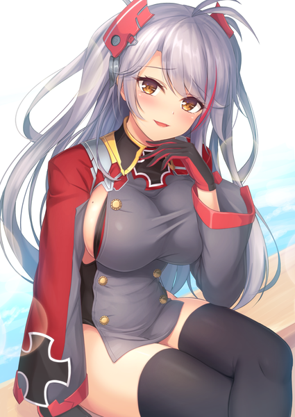 Anime picture 1200x1694 with azur lane prinz eugen (azur lane) tiphereth single long hair tall image looking at viewer blush fringe breasts light erotic simple background large breasts sitting silver hair ahoge long sleeves head tilt arm up mole