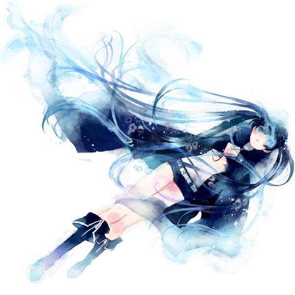 Anime picture 1024x1024 with black rock shooter black rock shooter (character) yoshida yoshitsugi single long hair open mouth blue eyes black hair twintails very long hair midriff traditional media falling watercolor (medium) girl shorts belt cloak knee boots