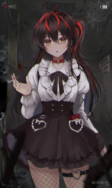 Anime picture 1935x3251 with original ham99luv single long hair tall image looking at viewer blush fringe highres open mouth black hair hair between eyes standing holding brown eyes payot indoors long sleeves nail polish multicolored hair