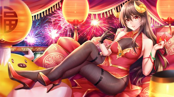 Anime picture 1900x1060 with original hua-j single long hair looking at viewer fringe highres light erotic hair between eyes red eyes brown hair wide image sitting bare shoulders holding full body bent knee (knees) nail polish traditional clothes parted lips