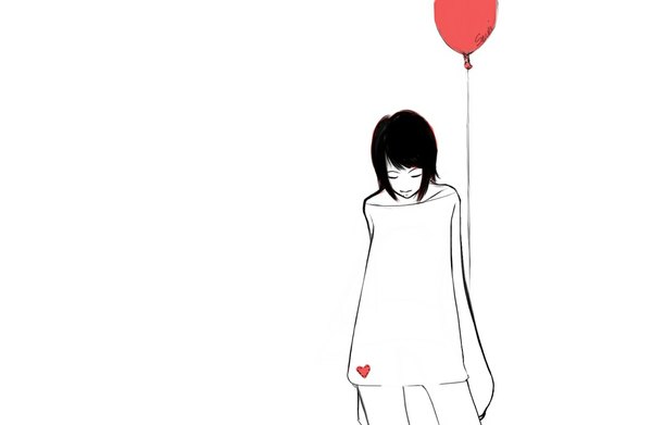 Anime picture 1100x717 with original aquafeles (artist) single long hair black hair simple background white background signed eyes closed long sleeves monochrome outline girl heart sweater balloon