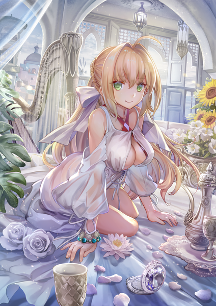 Anime picture 1000x1414 with fate (series) fate/grand order nero claudius (fate) (all) nero claudius (swimsuit caster) (fate) torino aqua single long hair tall image looking at viewer fringe breasts light erotic blonde hair smile hair between eyes large breasts sitting green eyes ahoge arm support