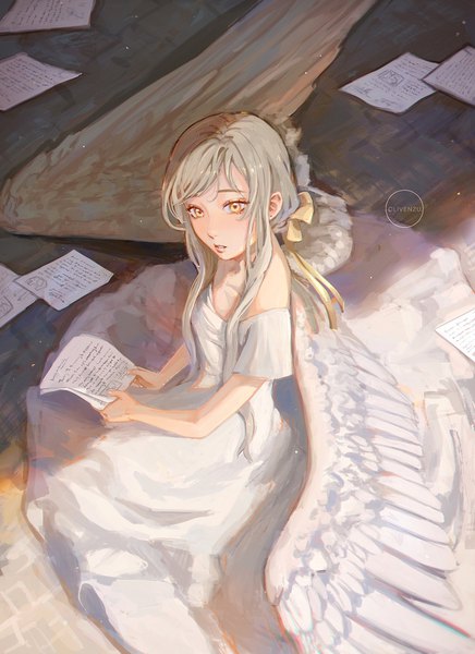 Anime picture 1200x1650 with original clivenzu single long hair tall image sitting signed yellow eyes looking away from above grey hair angel wings angel girl dress wings white dress paper