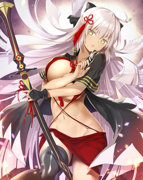 Anime picture 1586x2000 with fate (series) fate/grand order koha-ace okita souji (fate) (all) okita souji alter (fate) tyone single long hair tall image looking at viewer blush fringe breasts open mouth light erotic hair between eyes large breasts standing holding signed