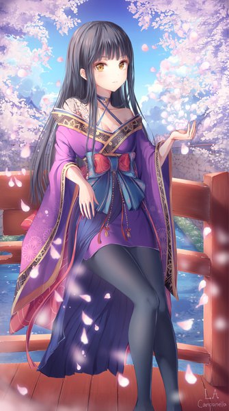 Anime picture 1280x2287 with original la campanella single long hair tall image looking at viewer blush fringe breasts black hair bare shoulders signed yellow eyes sky cleavage blunt bangs traditional clothes japanese clothes off shoulder wide sleeves