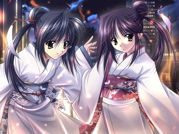 Anime picture 1024x768 with xvain (game) black hair multiple girls yellow eyes game cg japanese clothes girl 2 girls kimono