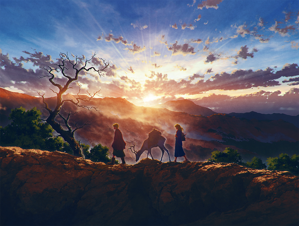 Anime picture 1150x873 with original mocha (cotton) short hair sky cloud (clouds) mountain landscape walking bare tree morning sunrise girl boy plant (plants) animal tree (trees) sun lead deer