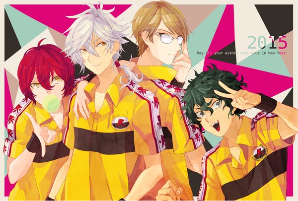 Anime picture 1200x811 with prince of tennis niou masaharu marui bunta yagyuu hiroshi kirihara akaya uo (xcapriccioso) long hair fringe short hair open mouth smile hair between eyes brown hair green eyes yellow eyes looking away silver hair red hair green hair multiple boys