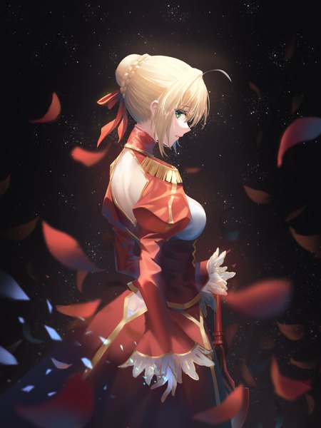 Anime picture 2067x2756 with fate (series) fate/extra nero claudius (fate) (all) nero claudius (fate) senkou (dwrp3257) single tall image looking at viewer fringe highres short hair breasts simple background blonde hair hair between eyes standing green eyes ahoge braid (braids) long sleeves