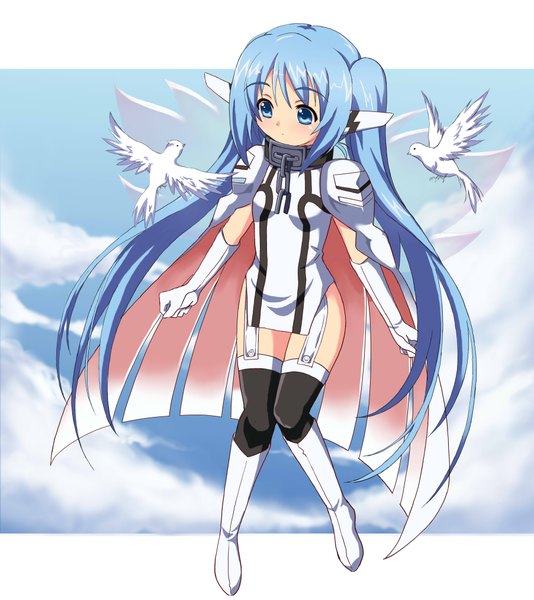 Anime picture 3605x4050 with sora no otoshimono nymph (sora no otoshimono) tonee single long hair tall image highres blue eyes light erotic twintails blue hair absurdres loli girl gloves animal wings bird (birds) chain collar