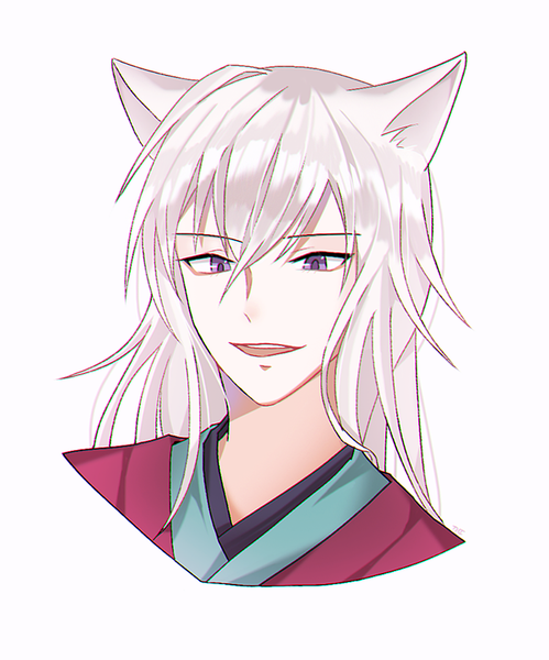 Anime picture 794x955 with kamisama hajimemashita tomoe (kamisama hajimemashita) ggomddak single long hair tall image fringe open mouth simple background hair between eyes white background purple eyes animal ears looking away silver hair fox ears portrait boy