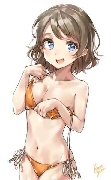 Anime picture 1009x1634 with love live! sunshine!! sunrise (studio) love live! watanabe you takenoko no you single tall image blush short hair breasts open mouth blue eyes light erotic simple background brown hair white background signed :d from above girl