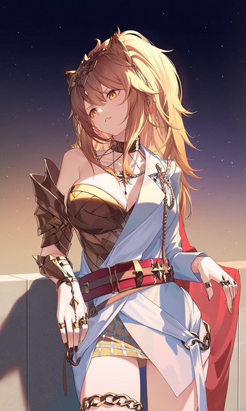Anime picture 1200x2000 with arknights ambience synesthesia siege (arknights) nian (zhanian) single long hair tall image fringe breasts light erotic blonde hair hair between eyes large breasts animal ears yellow eyes looking away cleavage ponytail nail polish official alternate costume