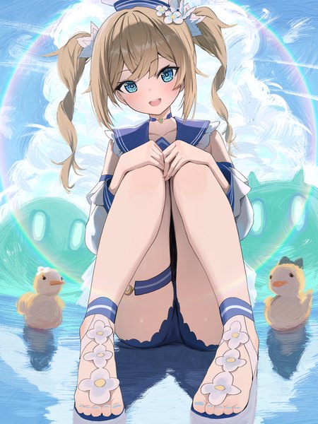 Anime picture 2160x2880 with genshin impact barbara (genshin impact) slime (genshin impact) barbara (summertime sparkle) (genshin impact) hidulume single long hair tall image looking at viewer highres open mouth blue eyes light erotic blonde hair sitting twintails sky cloud (clouds) nail polish head tilt