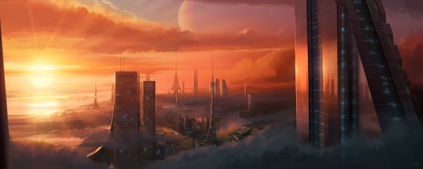 Anime picture 1280x512 with original antifan real (artist) wide image sky cloud (clouds) city evening sunset cityscape science fiction panorama planet skyscraper