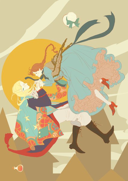 Anime picture 1024x1447 with howl's moving castle studio ghibli howl sophie hatter maramiranda (artist) long hair tall image blush blonde hair brown hair braid (braids) eyes closed profile couple single braid holding hands happy face to face weightlessness falling