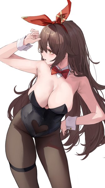 Anime picture 3201x5717 with genshin impact amber (genshin impact) leviathan (hikinito0902) single long hair tall image looking at viewer fringe highres breasts open mouth light erotic simple background hair between eyes brown hair large breasts standing white background brown eyes looking away