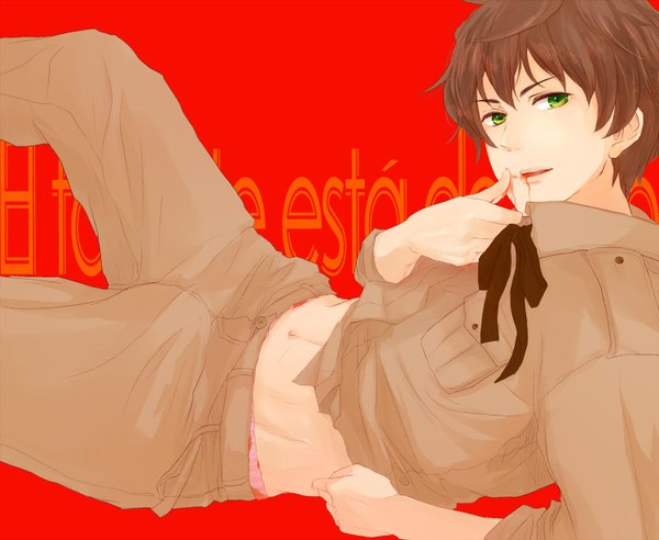 Anime picture 1500x1232 with axis powers hetalia studio deen spain (hetalia) hachiro (artist) single looking at viewer short hair open mouth simple background brown hair green eyes inscription finger to mouth reclining red background shirt lift twisty sleeves food on face boy navel